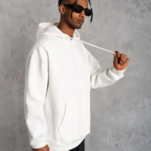 Erkek 3 İplik Pamuklu Kapüşonlu Cepli Düz Oversize Hoodie Sweatshirt - Beyaz