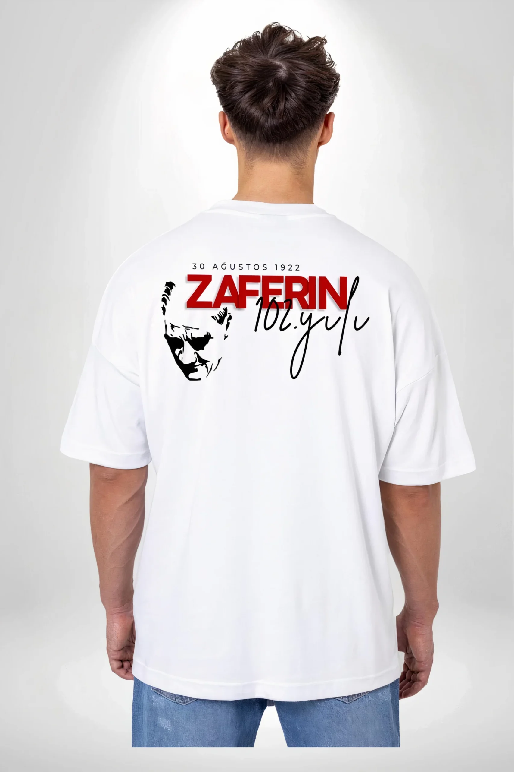 30 Ağustos Zafer Bayramı Ön Arka Baskılı Oversize Bisiklet Yaka T-shirt - Beyaz - Görsel 2