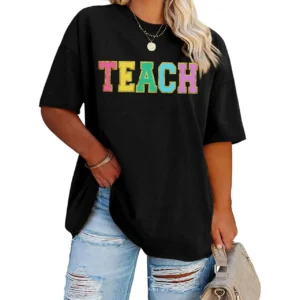 Kadın Baskılı T-Shirt Kısa Kol Bisiklet Yaka Oversize Rahat Kalıp Tişört - Siyah
