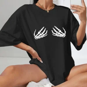 Kadın Baskılı T-Shirt Kısa Kol Bisiklet Yaka Oversize Rahat Kalıp Tişört - Siyah