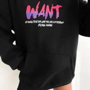 Kadın Oversize Kapüşonlu Cepli WANT Baskılı 3 İplik Pamuklu Hoodie Sweatshirt - Siyah