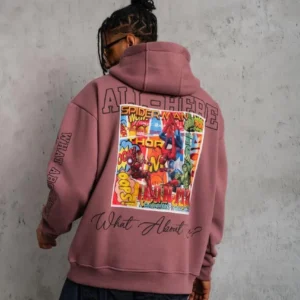 Erkek 3 İplik Pamuklu Kapüşonlu Baskılı Cepli Sweatshirt Hoodie - Gül Kurusu