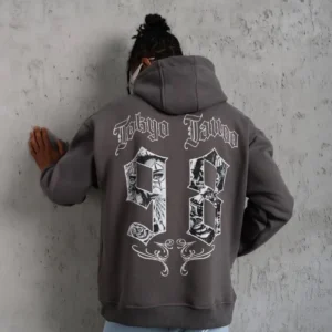 Erkek 3 İplik Pamuklu Kapüşonlu Baskılı Cepli Oversize Sweatshirt Hoodie - Gri