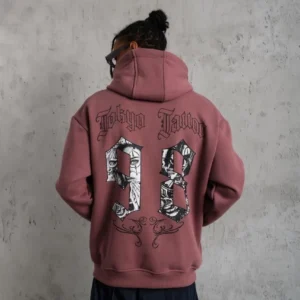 Erkek 3 İplik Pamuklu Kapüşonlu Baskılı Cepli Sweatshirt Hoodie - Gül Kurusu