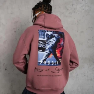 Erkek 3 İplik Pamuklu Kapüşonlu Baskılı Cepli Oversize Sweatshirt Hoodie - Gül Kurusu