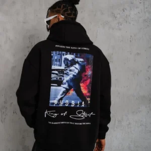 Erkek 3 İplik Pamuklu Kapüşonlu Baskılı Cepli Oversize Sweatshirt Hoodie - Siyah