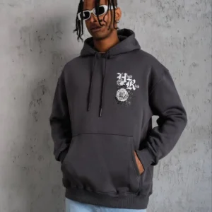 Erkek 3 İplik Pamuklu Kapüşonlu Baskılı Cepli Oversize Sweatshirt Hoodie - Füme
