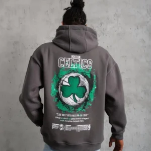 Erkek 3 İplik Pamuklu Kapüşonlu Baskılı Cepli Oversize Sweatshirt Hoodie - Gri