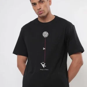 Erkek Baskılı T-Shirt Kısa Kol Bisiklet Yaka Regular Fit Rahat Kalıp Tişört - Siyah