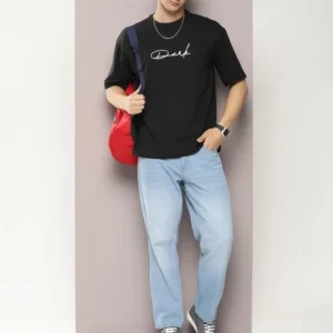 Erkek Baskılı T-Shirt Kısa Kol Bisiklet Yaka Regular Fit Rahat Kalıp Tişört - Siyah