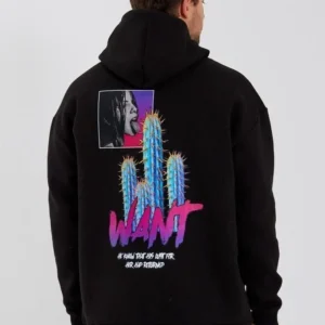 Erkek 3 İplik Pamuklu Kapüşonlu Baskılı Cepli Oversize Sweatshirt Hoodie - Siyah
