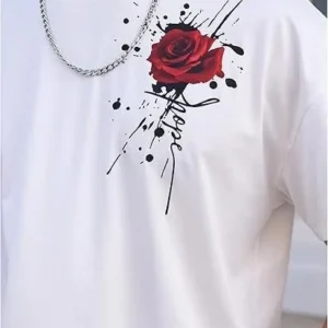 Erkek Kısa Kol Yazlık Tişört Bisiklet Yaka GÜL Baskılı T-Shirt - Beyaz