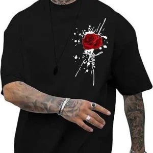 Erkek Kısa Kol Yazlık Tişört Bisiklet Yaka GÜL Baskılı T-Shirt - Siyah
