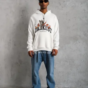 Erkek 3 İplik Pamuklu Kapüşonlu Baskılı Cepli Oversize Sweatshirt Hoodie - Beyaz
