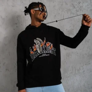 Erkek Kapüşonlu Kanguru Cepli Sweatshirt 3 İplik Pamuklu Baskılı Hoodie - Siyah