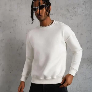 Erkek Düz Bisiklet Yaka 3 iplik pamuklu Sweatshirt - Beyaz