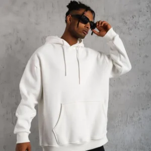 Erkek 3 İplik Pamuklu Kapüşonlu Kanguru Cepli Sweatshirt Hoodie - Beyaz