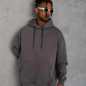 Erkek 3 İplik Pamuklu Kapüşonlu Kanguru Cepli Sweatshirt Hoodie - Gri