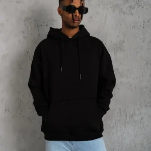 Erkek 3 İplik Pamuklu Kapüşonlu Kanguru Cepli Sweatshirt Hoodie -  Siyah
