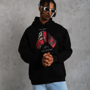 Erkek Kapüşonlu Cepli Box Eldiven Baskılı 3 İplik Sweatshirt Hoodie - Siyah