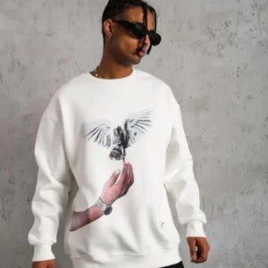 Erkek Güvercin Baskılı 3 iplik pamuklu Bisiklet Yaka Sweatshirt - Beyaz