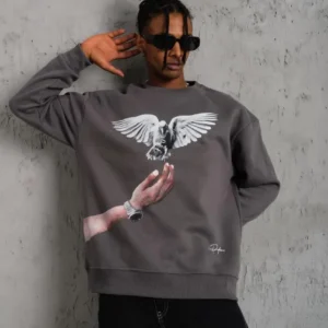 Erkek Güvercin Baskılı 3 iplik pamuklu Bisiklet Yaka Sweatshirt - Gri