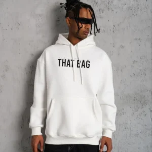 Erkek 3 İplik Pamuklu Kapüşonlu Baskılı Cepli Oversize Sweatshirt Hoodie - Beyaz