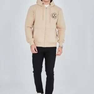Erkek 3 İplik Pamuklu Fermuarlı Kapüşonlu Kanguru Cepli Baskılı Hoodie Hırka Sweatshirt - Bej