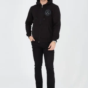 Erkek 3 İplik Pamuklu Fermuarlı Kapüşonlu Kanguru Cepli Baskılı Hoodie Hırka Sweatshirt - Siyah