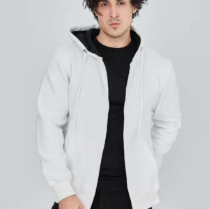 Erkek 3 İplik Pamuklu Fermuarlı Kapüşonlu Kanguru Cepli Hoodie Hırka Sweatshirt - Beyaz