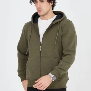 Erkek 3 İplik Pamuklu Fermuarlı Kapüşonlu Kanguru Cepli Hoodie Hırka Sweatshirt - Yeşil