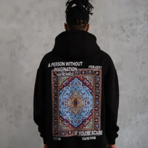 Erkek 3 İplik Pamuklu Kapüşonlu Baskılı Cepli Oversize Sweatshirt Hoodie - Siyah