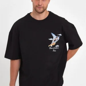 Erkek Melek Baskılı T-Shirt Kısa Kol Bisiklet Yaka Rahat Kalıp Günlük Tişört - Siyah