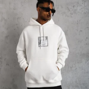 Erkek 3 İplik Pamuklu Kapüşonlu Baskılı Cepli Oversize Sweatshirt Hoodie - Beyaz