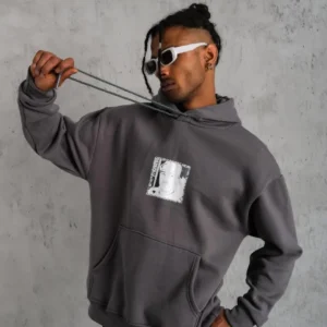 Erkek 3 İplik Pamuklu Kapüşonlu Baskılı Cepli Oversize Sweatshirt Hoodie - Gri