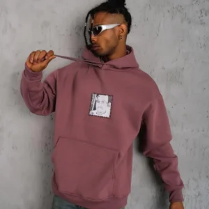 Erkek 3 İplik Pamuklu Kapüşonlu Baskılı Cepli Sweatshirt Hoodie - Gül Kurusu