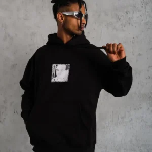 Erkek 3 İplik Pamuklu Kapüşonlu Baskılı Cepli Oversize Sweatshirt Hoodie - Siyah
