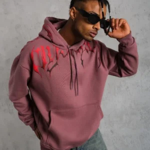 Erkek 3 İplik Pamuklu Baskılı Kapüşonlu Cepli Sweatshirt Hoodie - Gül Kurusu