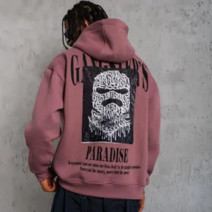 Erkek 3 İplik Pamuklu Kapüşonlu Baskılı Cepli Oversize Sweatshirt Hoodie - Gül Kurusu