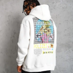 Erkek 3 İplik Pamuklu Kapüşonlu Baskılı Cepli Oversize Sweatshirt Hoodie - Beyaz