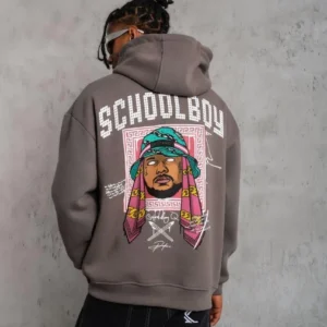Erkek 3 İplik Pamuklu Kapüşonlu Baskılı Cepli Oversize Sweatshirt Hoodie - Gri