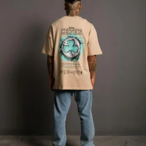 Erkek Kısa Kol Yazlık Tişört Bisiklet Yaka Baskılı Oversize T-Shirt - Bej