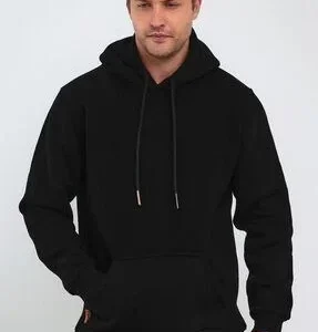Erkek 3 İplik Pamuklu Kapüşonlu Cepli Oversize Hoodie Sweatshirt - Siyah