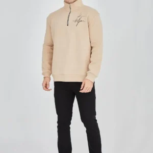 Erkek Yarım Fermuarlı Baskılı 3 iplik pamuklu sweatshirt - Bej