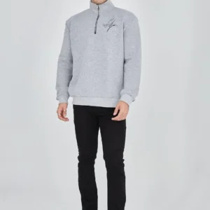 Erkek Yarım Fermuarlı Baskılı 3 iplik pamuklu sweatshirt - Gri