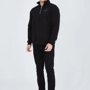 Erkek Yarım Fermuarlı Baskılı 3  iplik pamuklu sweatshirt - Siyah