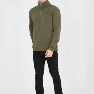 Erkek Yarım Fermuarlı Baskılı 3 iplik pamuklu sweatshirt - Yeşil