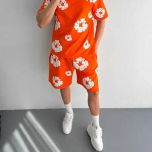 Erkek İki İplik Kumaş Oversize Baskılı T-shirt Şortlu ikili Alt-Üst Takım- Turuncu