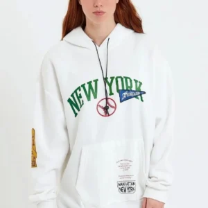 Kadın Oversize Kapüşonlu Cepli Ön Kol Baskılı 3 İplik Pamuklu Hoodie Sweatshirt - Beyaz