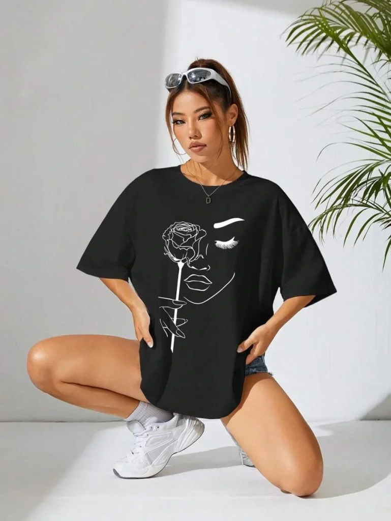 Kadın Tişört Baskılı Kısa kol Oversize T-shirt - Siyah - Görsel 2